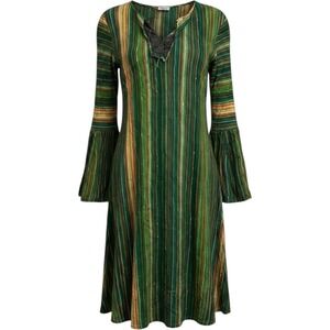 Futuro Womens XL Green Striped Boho Bell Sleeve Mini Dress Tunic Retro 70s Style